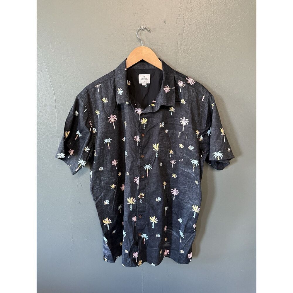 Rip Curl Womens Black Short Sleeve Palm Trees Button Up Shirt Size XL
